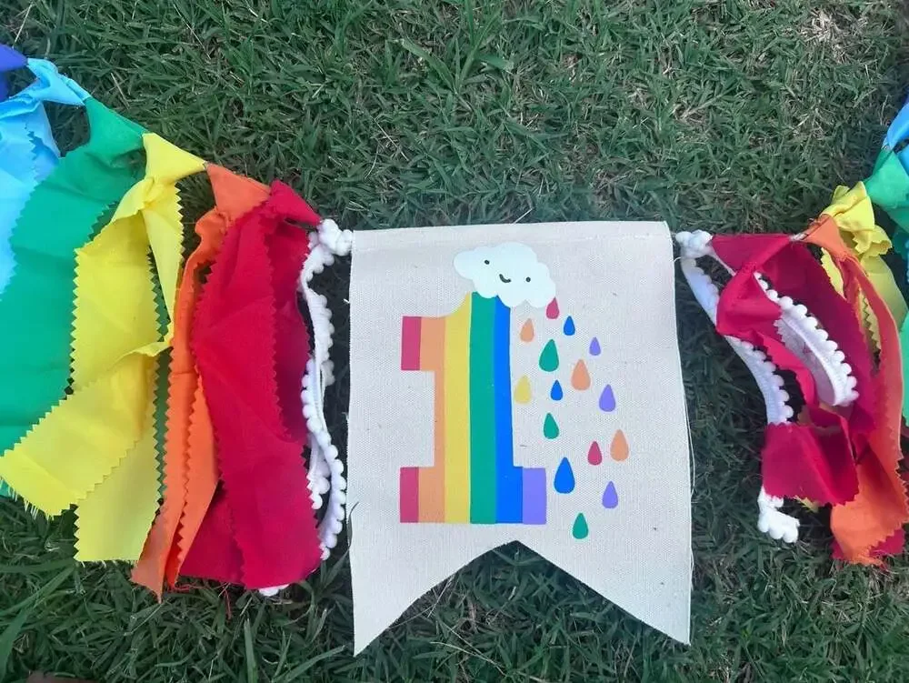 First Birthday Rainbow Fabric Tassel Garland with Number One Flag